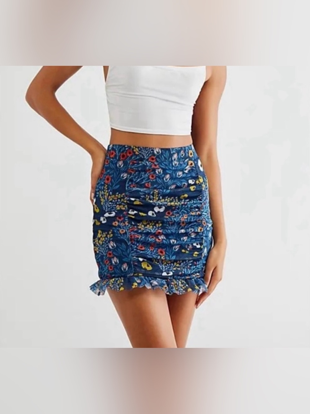Free People Blue Floral Ruched Ruffle Hem Mini Skirt - Size S NWT